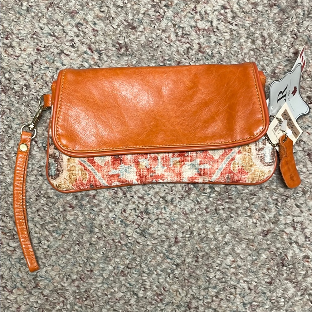 LR leather clutch/wallet in Orange and Patterned print with wrist strap